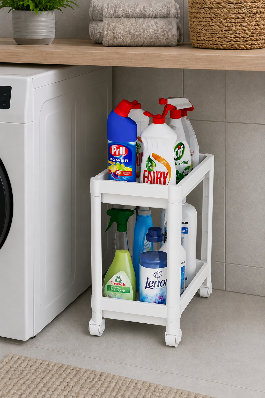 2 Katlı Beyaz Tekerlekli Banyo Rafı Mutfak Dolabı Düzenleyici Tezgah Altı Organizer