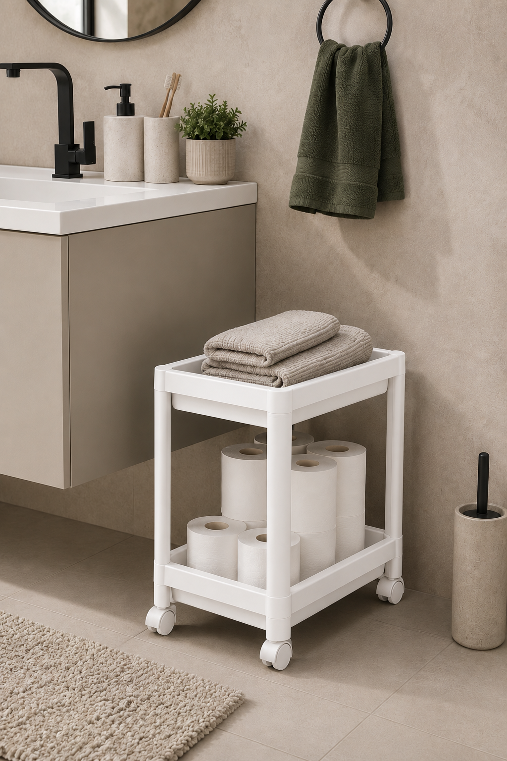 2 Katlı Beyaz Tekerlekli Banyo Rafı Mutfak Dolabı Düzenleyici Tezgah Altı Organizer