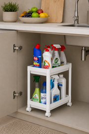 2 Katlı Beyaz Tekerlekli Banyo Rafı Mutfak Dolabı Düzenleyici Tezgah Altı Organizer