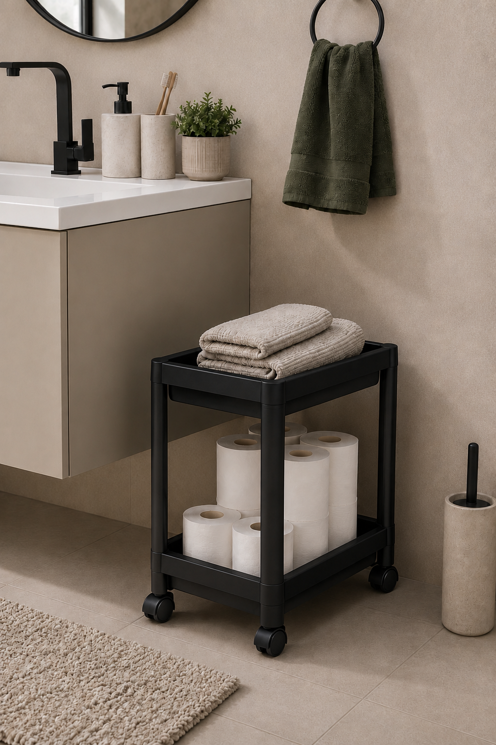 2 Katlı Siyah Tekerlekli Banyo Rafı Mutfak Dolabı Düzenleyici Tezgah Altı Organizer