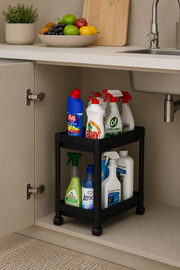 2 Katlı Siyah Tekerlekli Banyo Rafı Mutfak Dolabı Düzenleyici Tezgah Altı Organizer