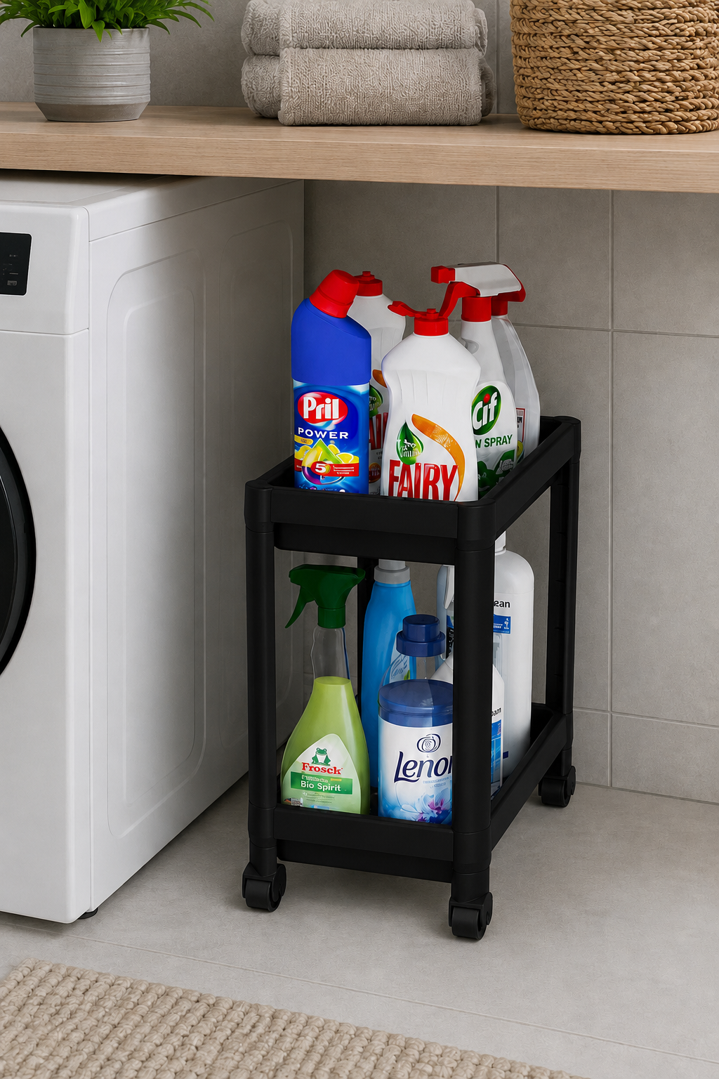 2 Katlı Siyah Tekerlekli Banyo Rafı Mutfak Dolabı Düzenleyici Tezgah Altı Organizer