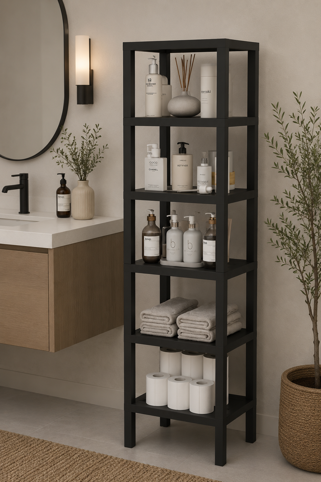 6 Bölmeli Siyah Çok Amaçlı Banyo Düzenleyici Saksılık Kitaplık