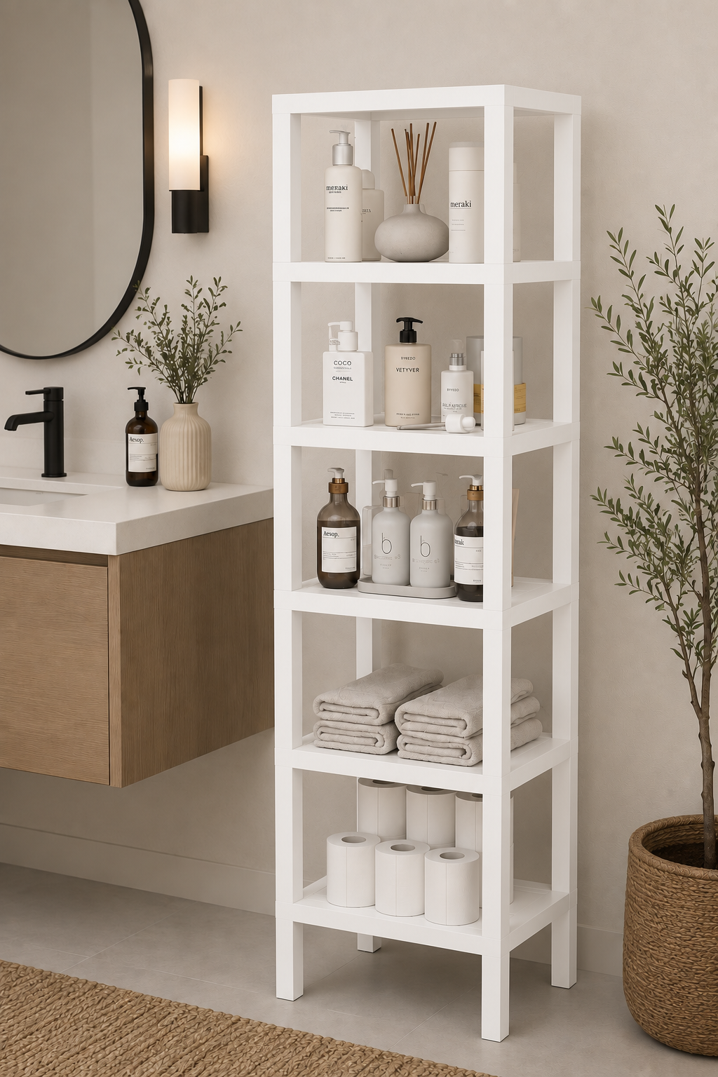 6 Bölmeli Beyaz Çok Amaçlı Banyo Düzenleyici Saksılık Kitaplık