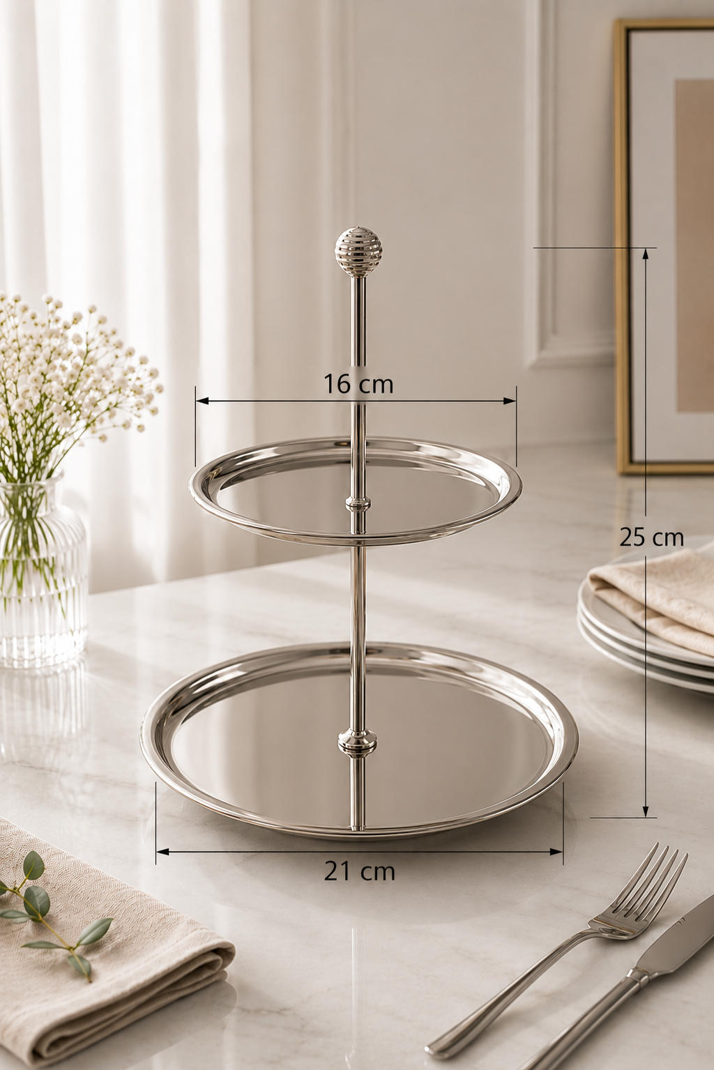 2 Katlı Gümüş Çelik Kurabiye, Pasta, Çerezlik Dekoratif Sunum Standı