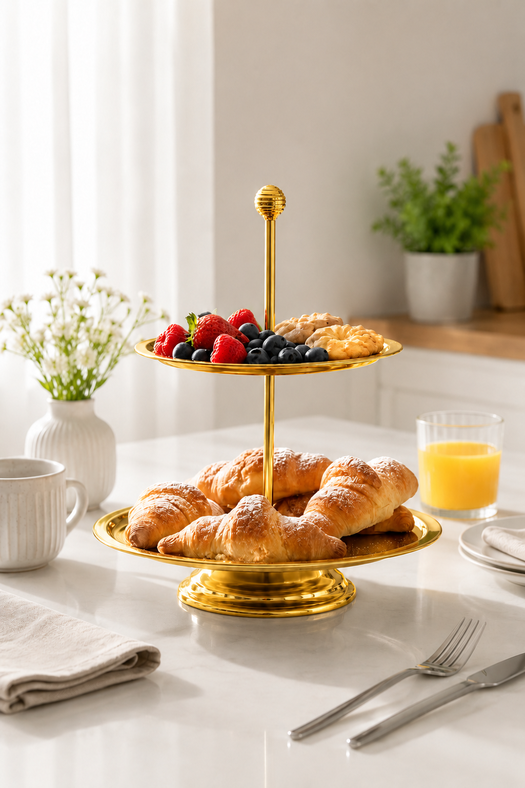 2 Katlı Gold Çelik Kurabiye, Pasta, Çerezlik Dekoratif Sunum Standı