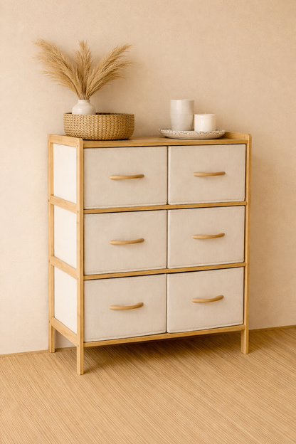 6 Bölmeli Bez Çekmeçeli Bambu Raf