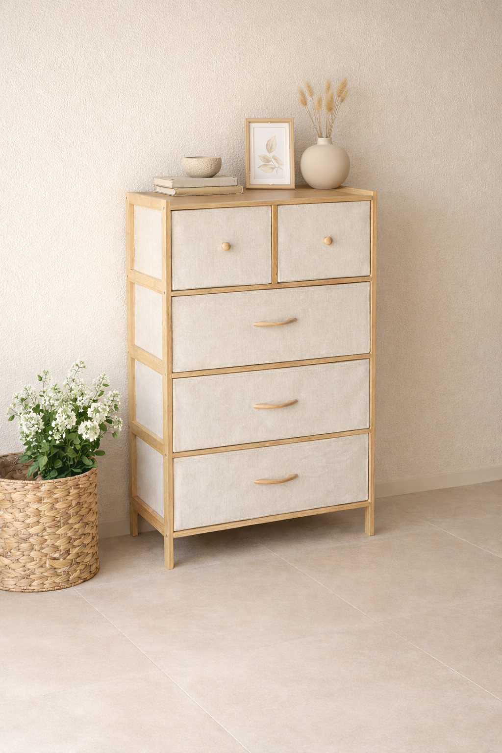 5 Bölmeli Bez Çekmeçeli Bambu Raf