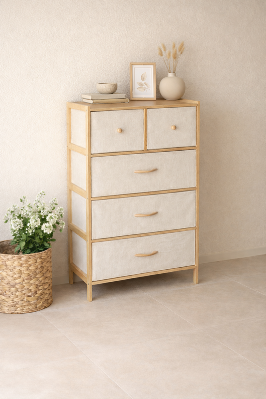 5 Bölmeli Bez Çekmeçeli Bambu Raf