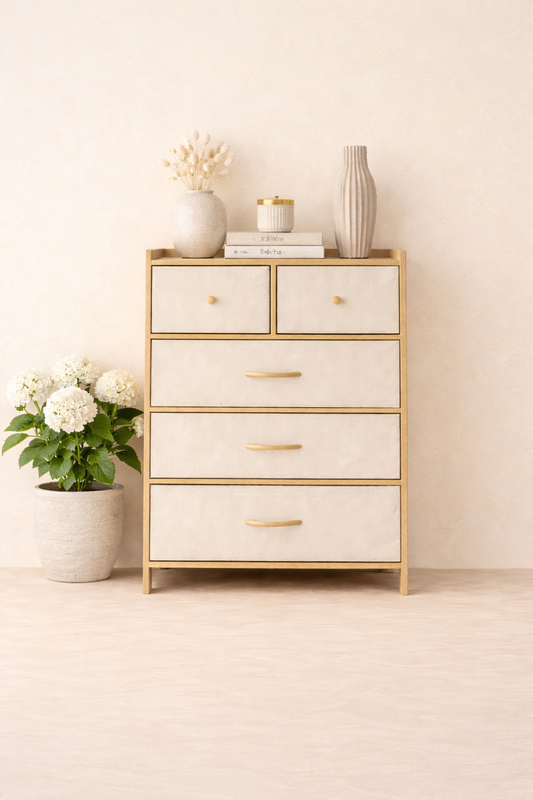 5 Bölmeli Bez Çekmeçeli Bambu Raf