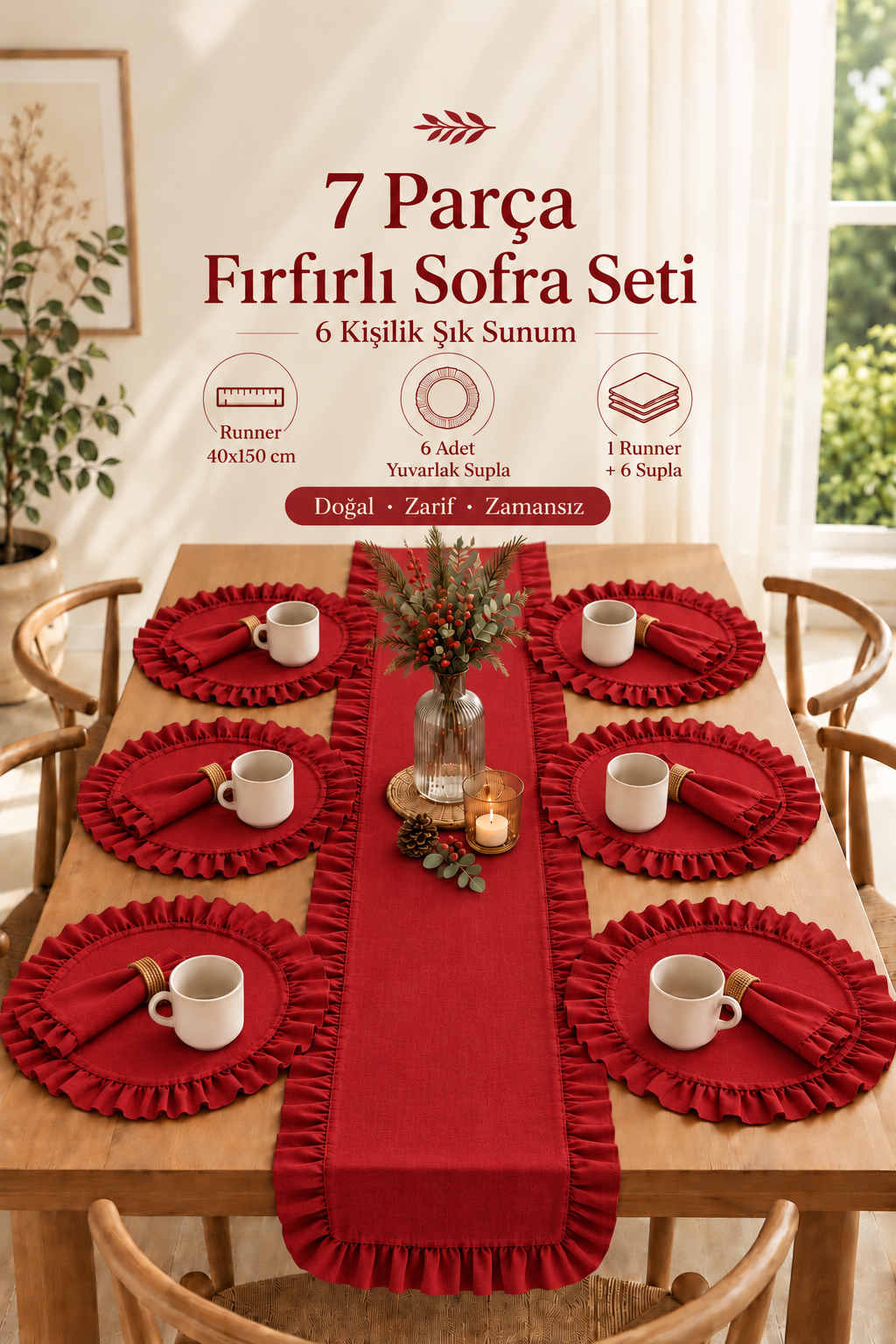 7 Parça Kırmızı Çeyiz Koleksiyonu Fırfır Detaylı Keten 40 x 150 Runner & Supla Seti – 6 Amerikan Servis 1 Adet Runner