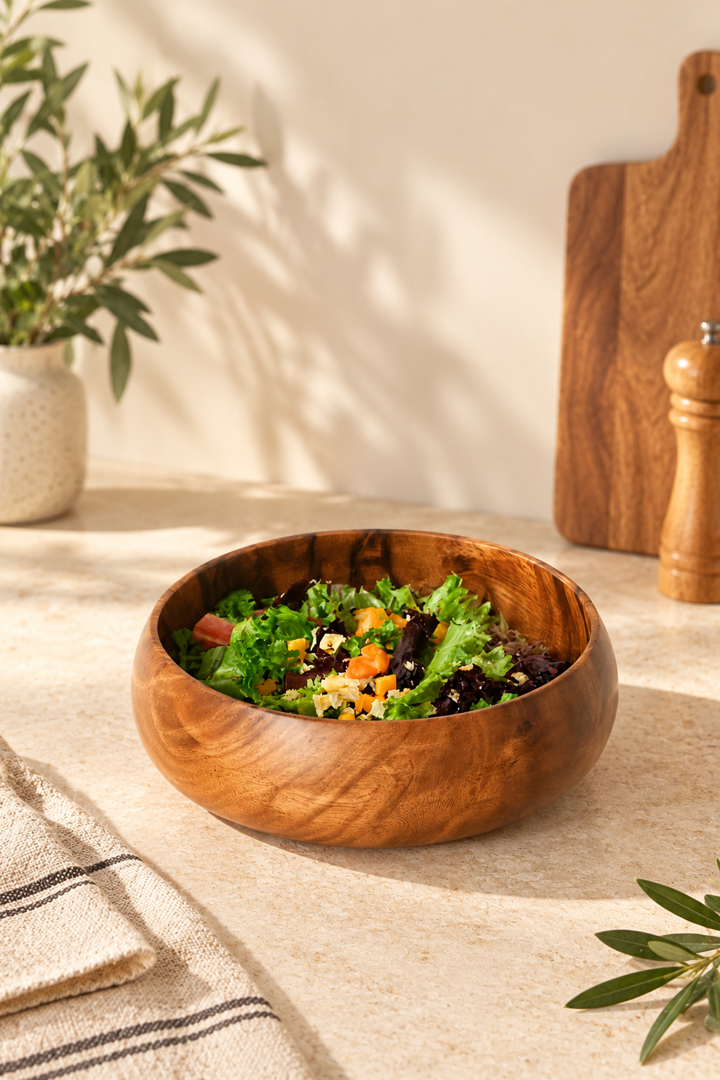 El Yapımı 25 Cm Akasya Ahşap Kase – Derin ve Çukur Salata Sunum,Rustik Mutfak Dekoru