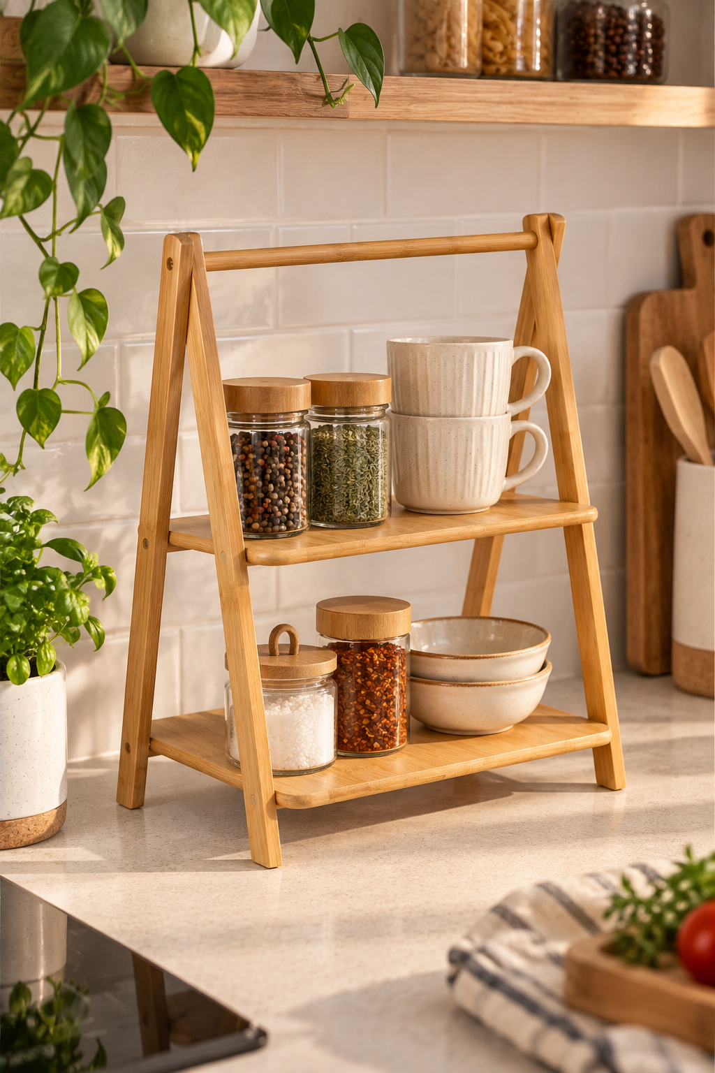 2 Katlı Bambu Sunumluk Stand Kahve Rafı Organizer