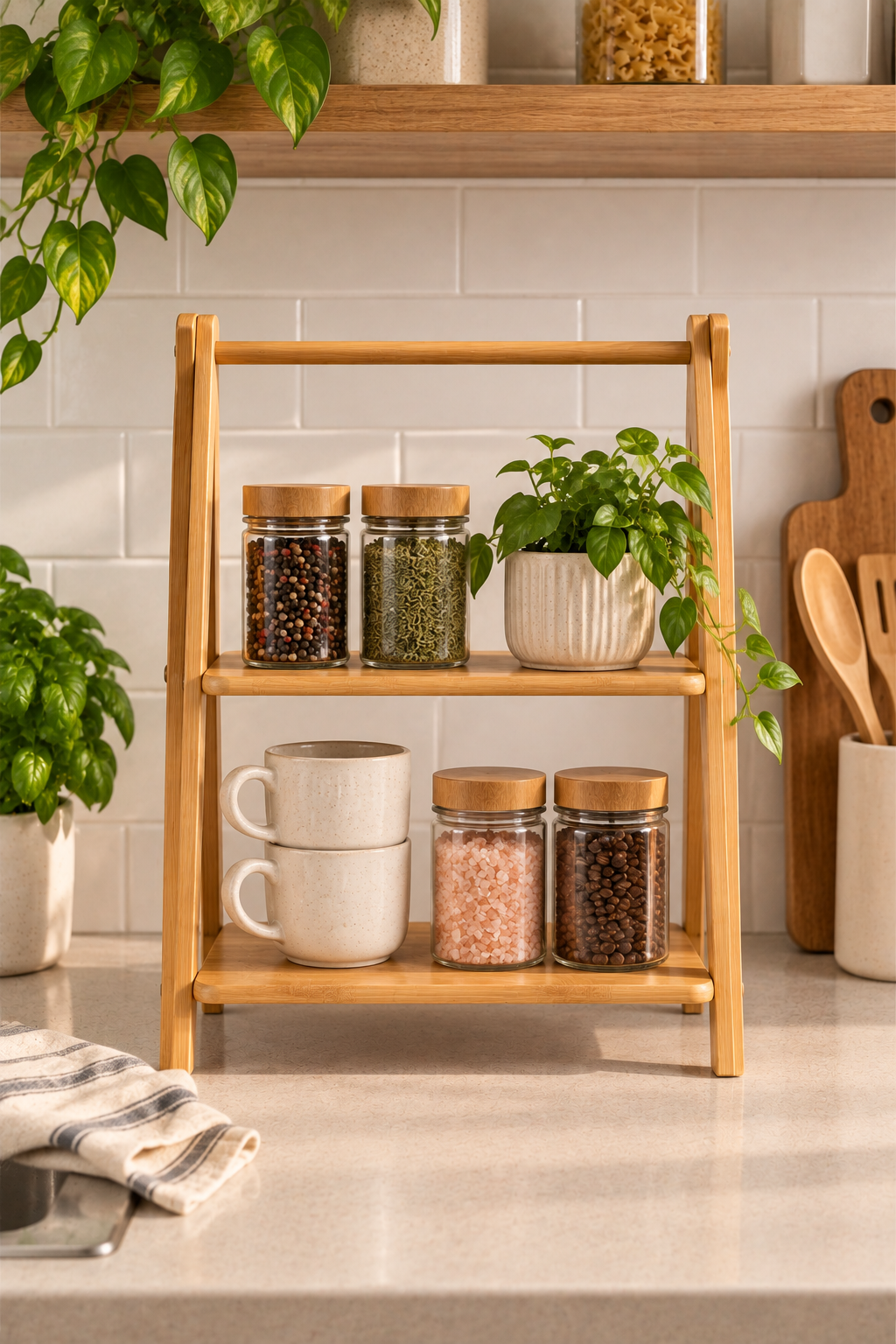 2 Katlı Bambu Sunumluk Stand Kahve Rafı Organizer