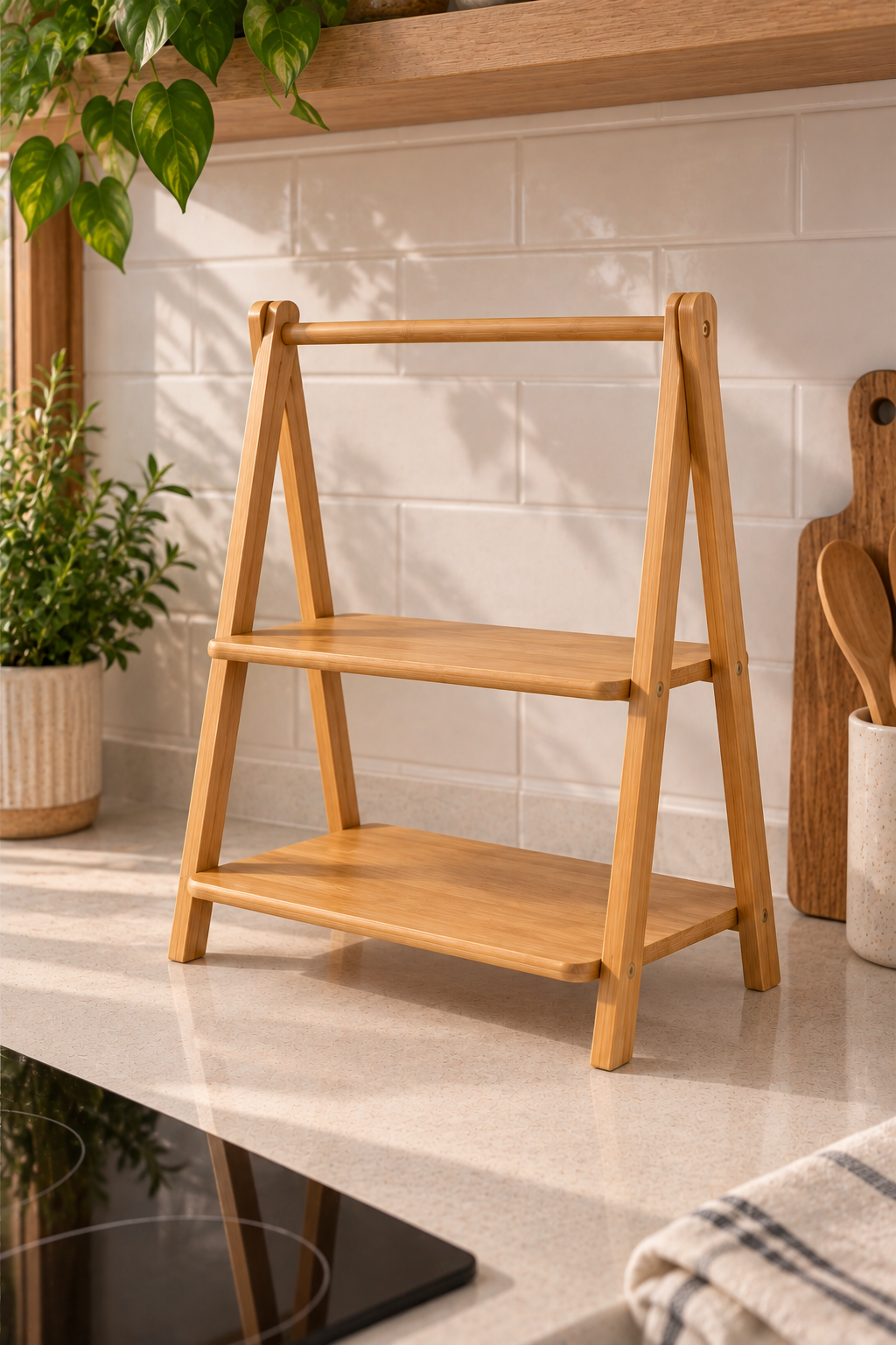 2 Katlı Bambu Sunumluk Stand Kahve Rafı Organizer