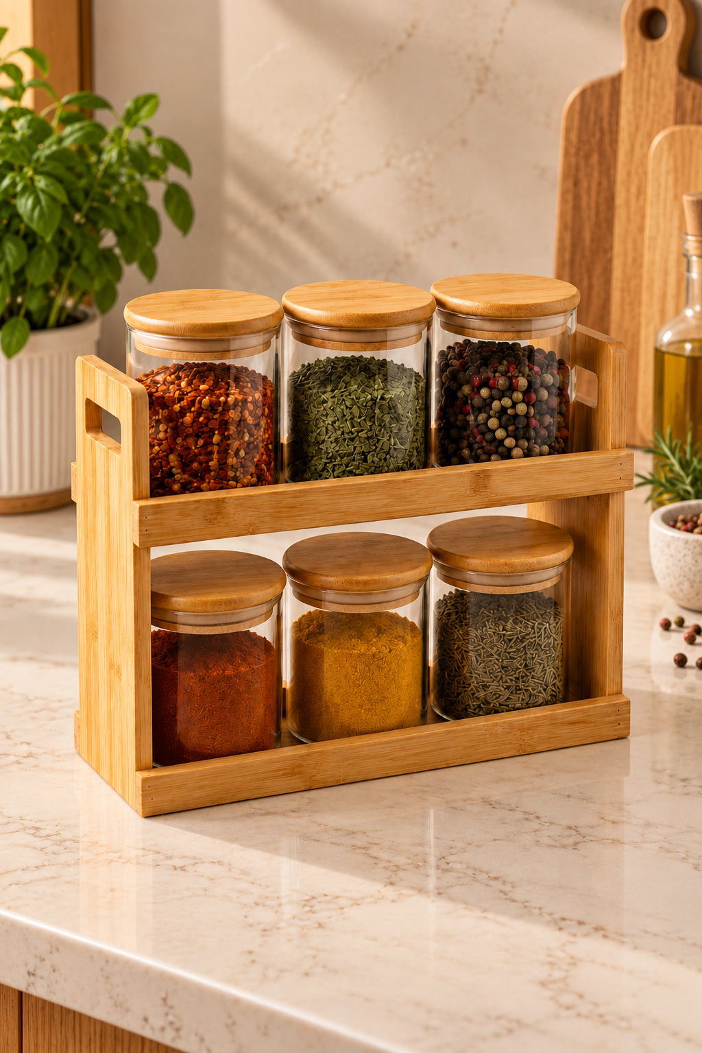 6’lı Bambu Standlı Cam Baharatlık Set Organizer