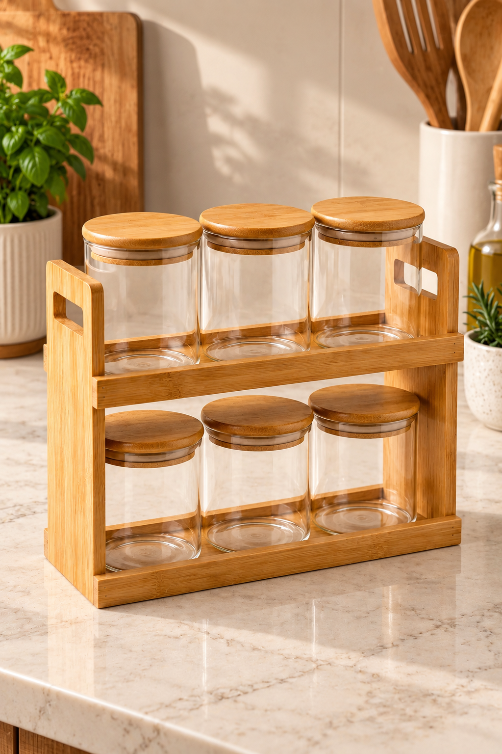 6’lı Bambu Standlı Cam Baharatlık Set Organizer