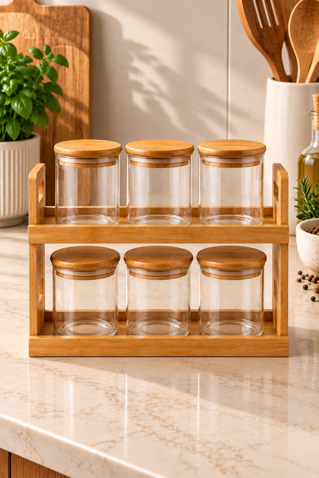 6’lı Bambu Standlı Cam Baharatlık Set Organizer