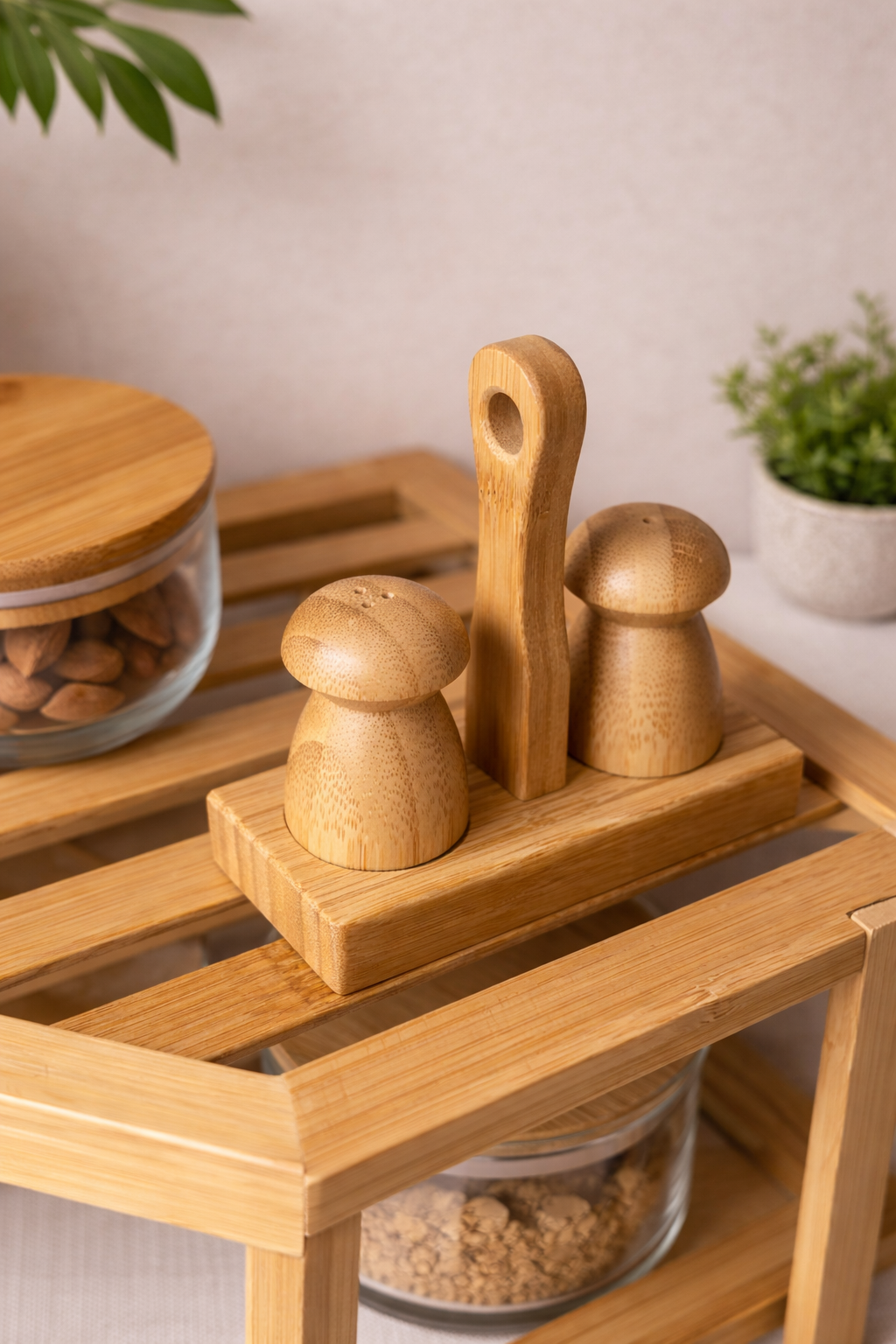 Bambu Standlı Mantar Tuzluk/Biberlik Seti