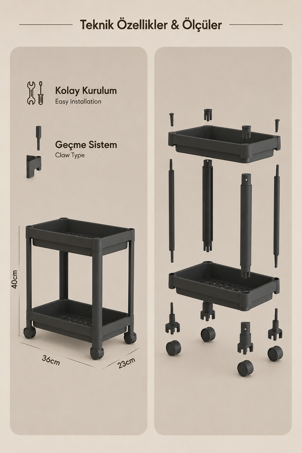 2 Katlı Gri Tekerlekli Banyo Rafı Mutfak Dolabı Düzenleyici Tezgah Altı Organizer
