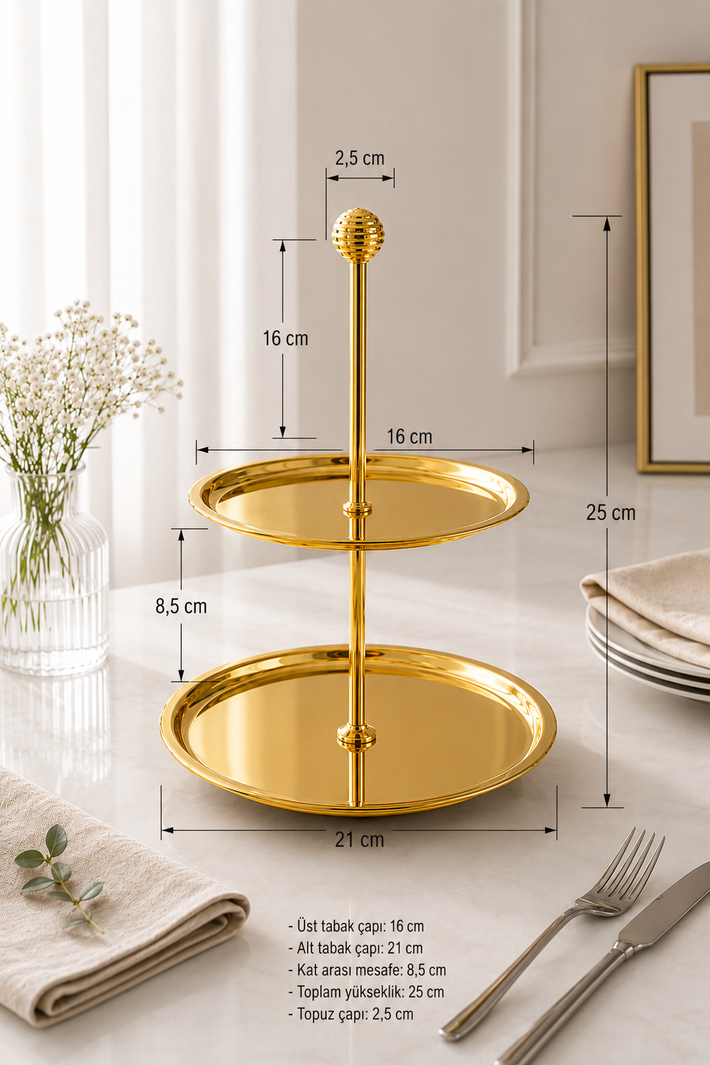 2 Katlı Gold Çelik Kurabiye, Pasta, Çerezlik Dekoratif Sunum Standı
