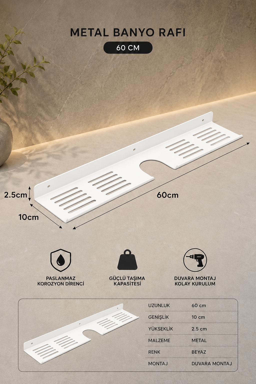 Metal Beyaz  Lavabo Üstü Banyo Rafı Duvara Monte Paslanmaz Organizer
