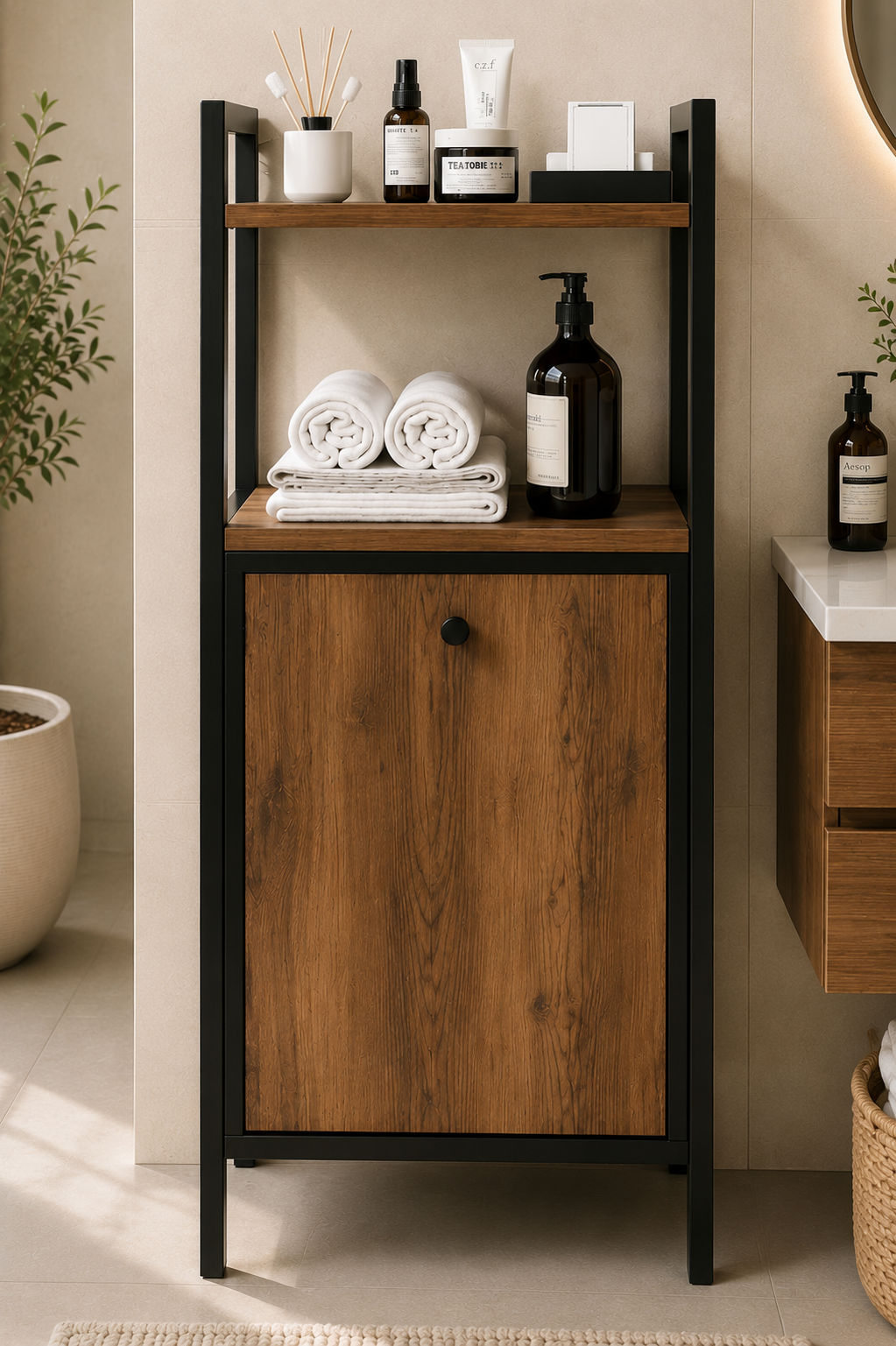 Linda Metal Kirli Çamaşır Sepeti Banyo Rafı Dolabı Düzenleyici Organizeri