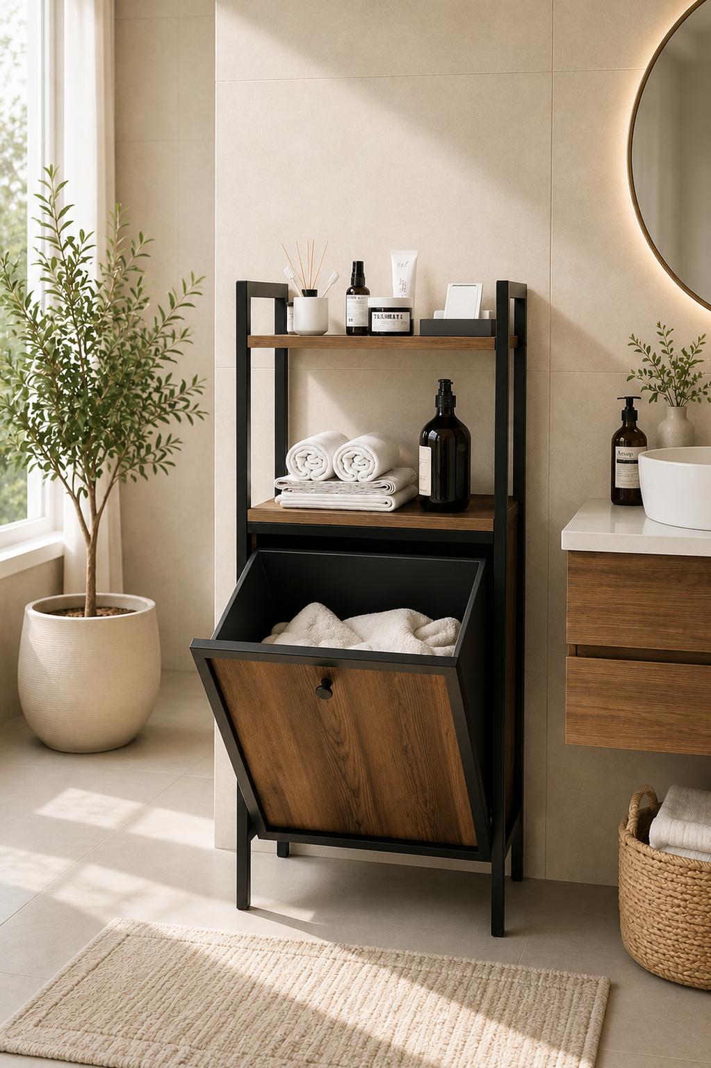 Linda Metal Kirli Çamaşır Sepeti Banyo Rafı Dolabı Düzenleyici Organizeri