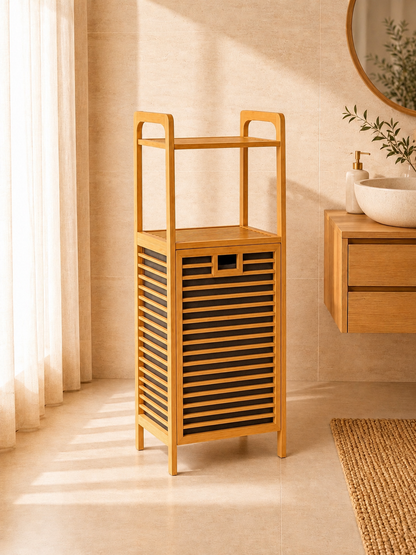 Vita 2 Raflı Bambu Kirli Sepeti , Çamaşır Sepeti Banyo Dolap Organizer