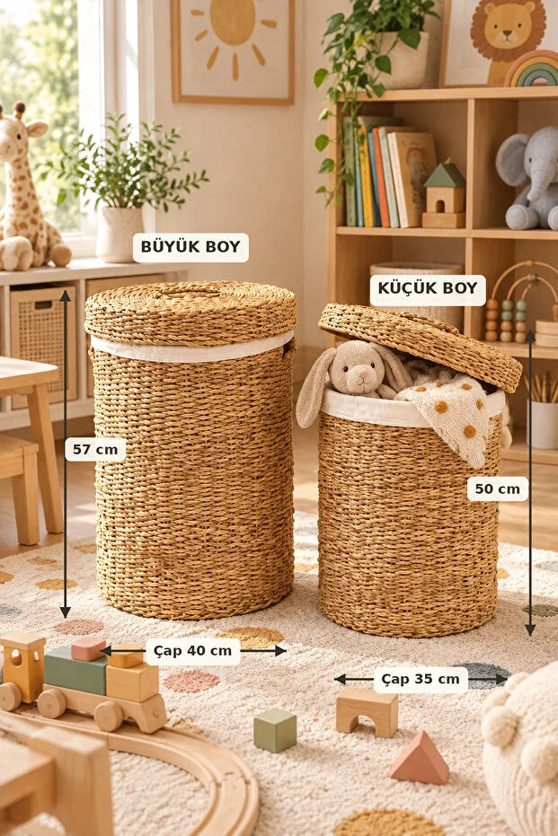 2'Li  Hasır Örme Kapaklı Düzenleyici / Organizer / Çamaşır Sepeti / Oyuncak Sepeti