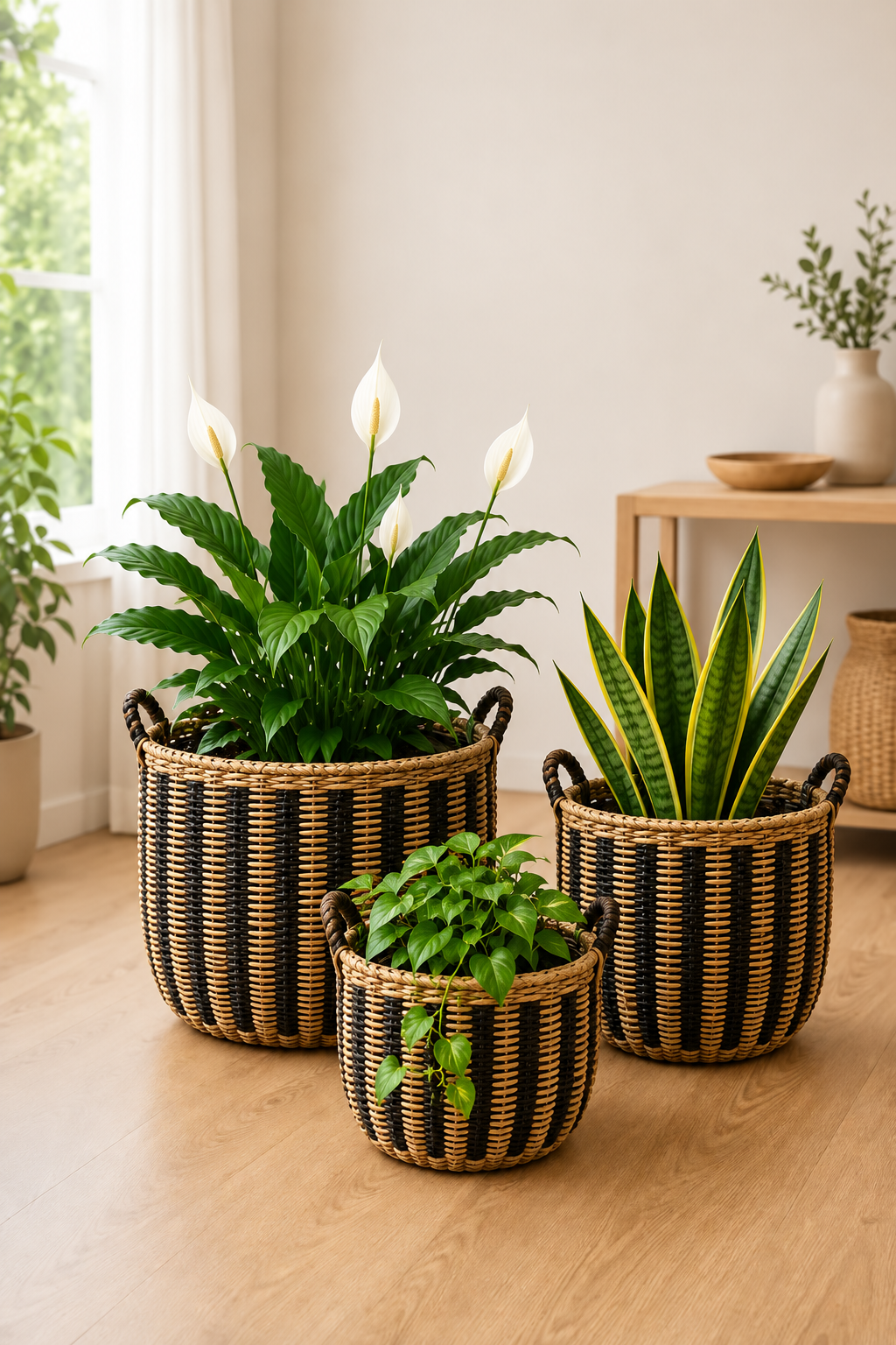 3'Lü Oval Tasarım Hasır Kulplu Sağlam Sepet/Saksılık/Düzenleyici Bohem Set