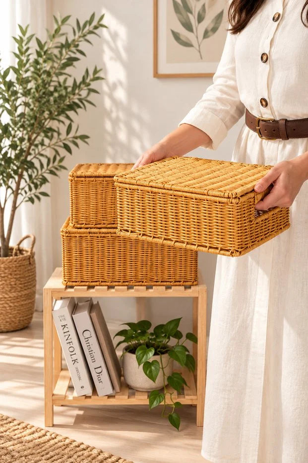 Rattan 3'Lü Çok Amaçlı Hasır Düzenleyici/Organizer/Sepet/Banyo Düzenleyici