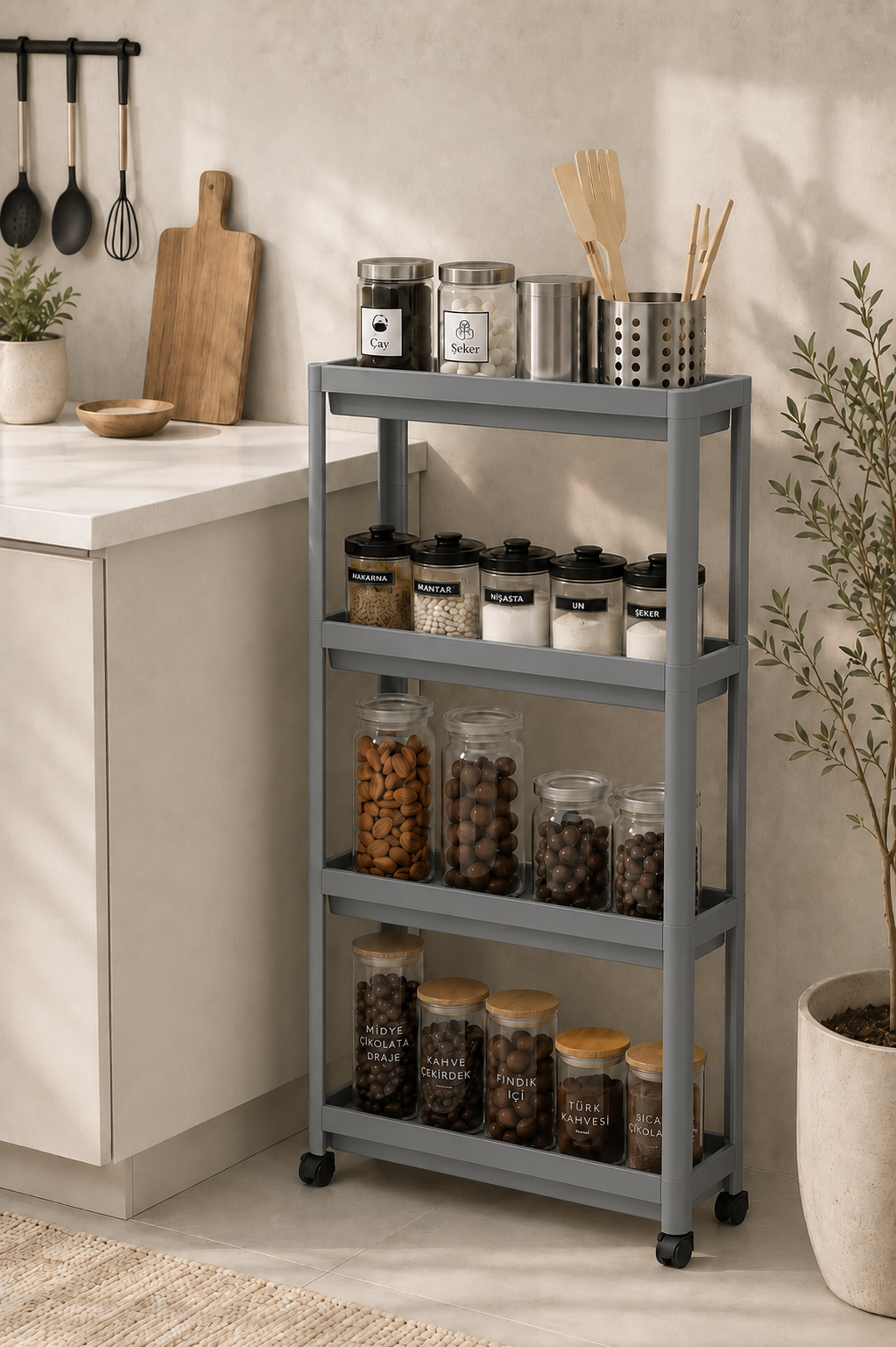 4 Katlı Gri Raf Ünitesi Beyaz Banyo Mutfak Düzenleyici Organizer Raf