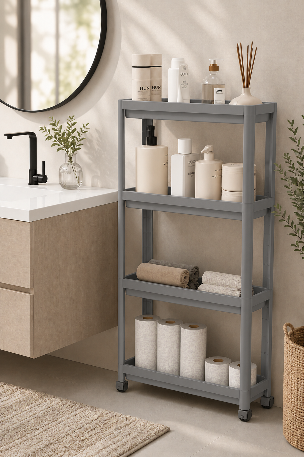 4 Katlı Gri Raf Ünitesi Beyaz Banyo Mutfak Düzenleyici Organizer Raf