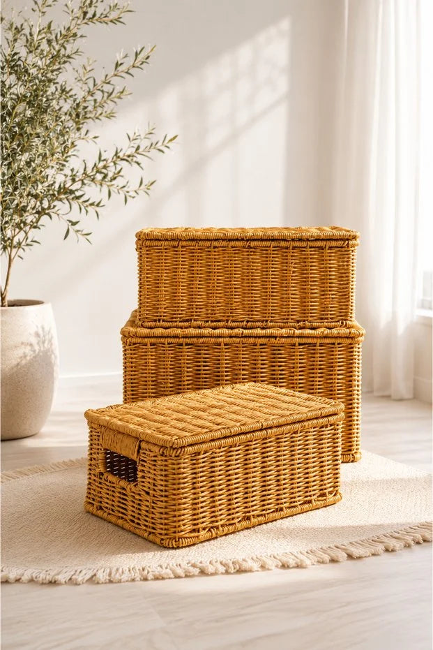 Rattan 3'Lü Çok Amaçlı Hasır Düzenleyici/Organizer/Sepet/Banyo Düzenleyici