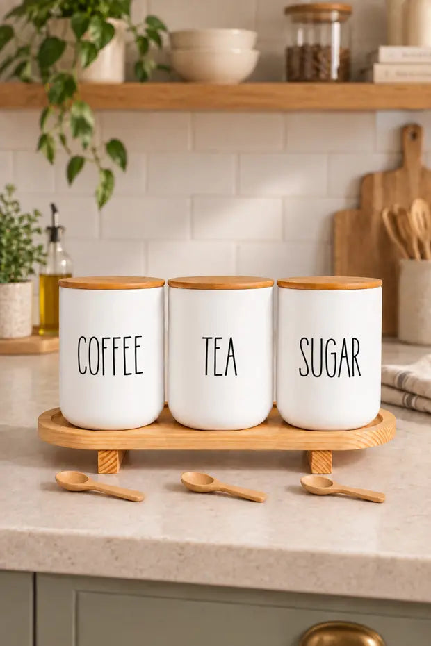 3lü Bambu Altlıklı Çay / Kahve / Şeker Kavanoz+3 Adet Ahşap Kaşık
