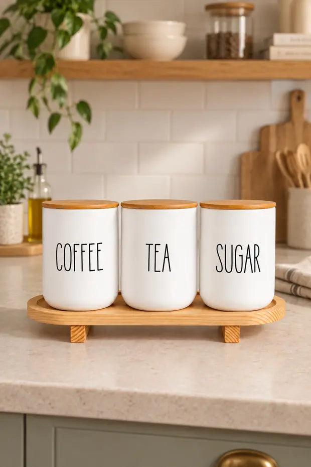 3lü Bambu Altlıklı Çay / Kahve / Şeker Kavanoz+3 Adet Ahşap Kaşık