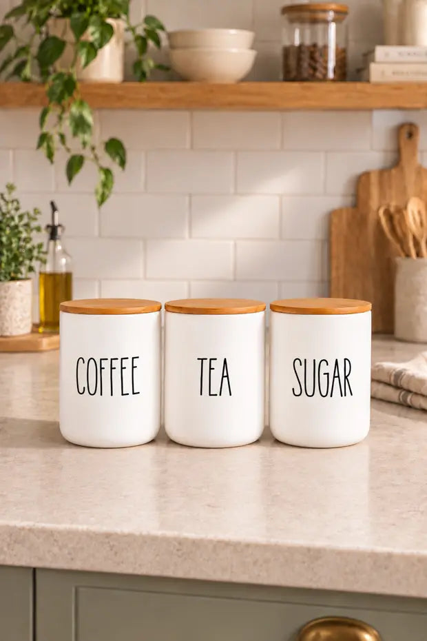 3lü Bambu Altlıklı Çay / Kahve / Şeker Kavanoz+3 Adet Ahşap Kaşık