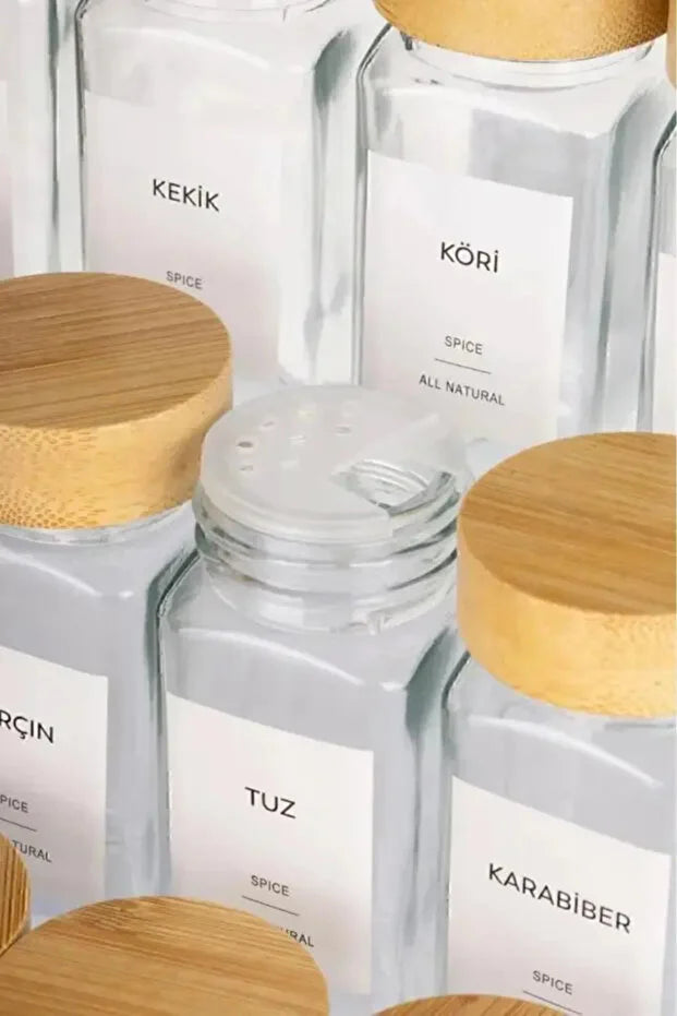 12Li Cam Bambu Kapaklı Kare Baharatlık Seti (14 Adet Etiket)
