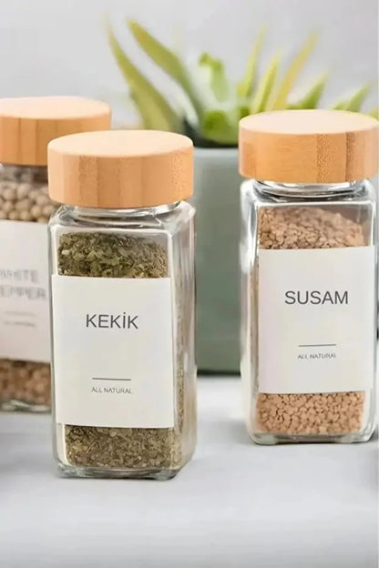 12Li Cam Bambu Kapaklı Kare Baharatlık Seti (14 Adet Etiket)
