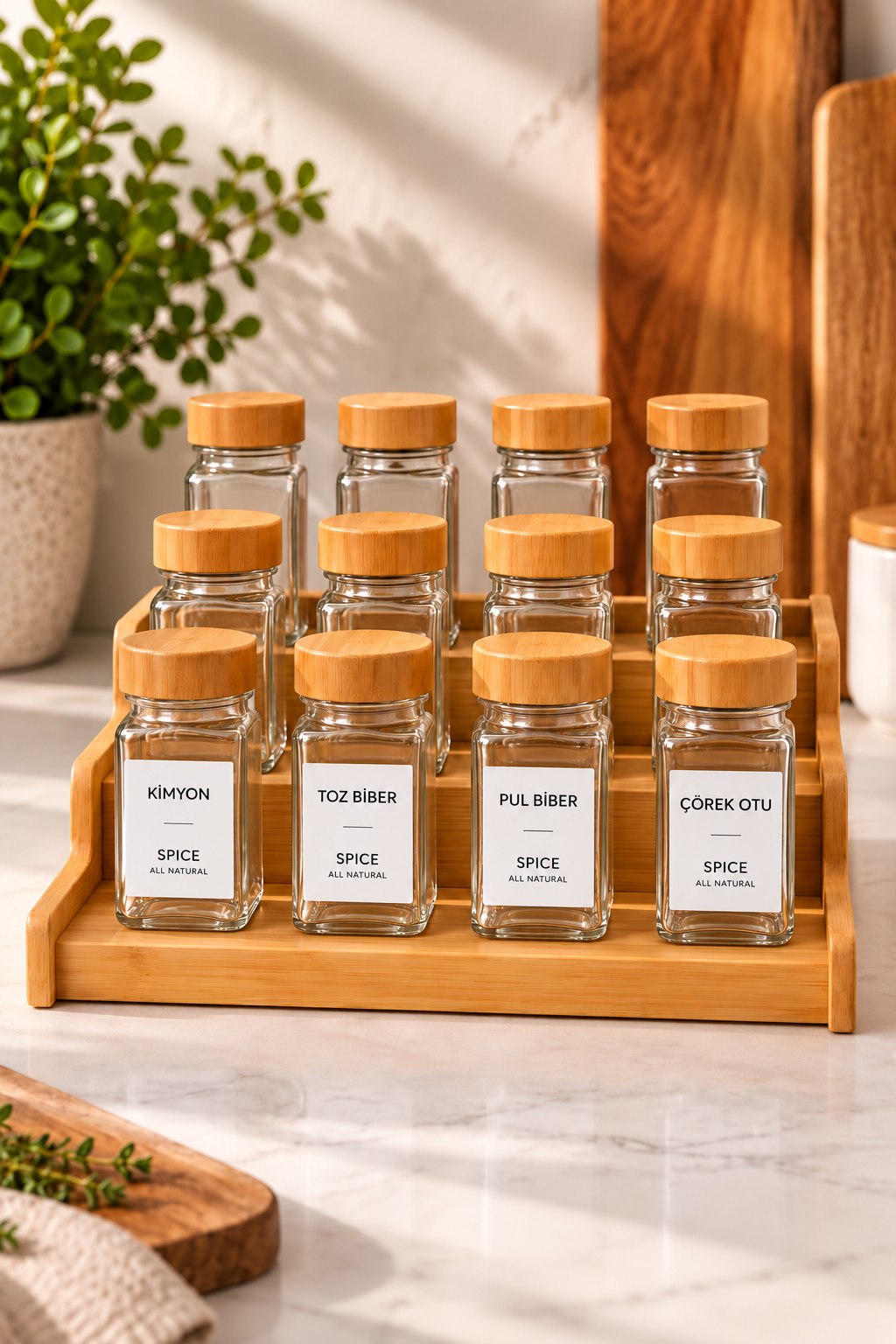 Bambu Vakum Kapaklı, Etiketli 12Li Cam Baharat Seti 12 Parça Cam