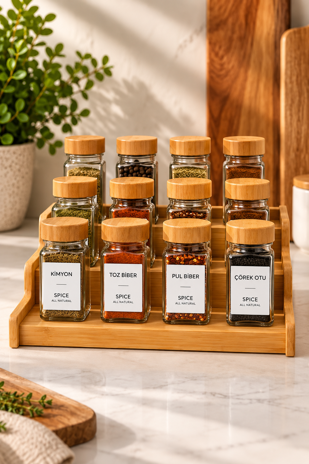 Bambu Vakum Kapaklı, Etiketli 12Li Cam Baharat Seti 12 Parça Cam