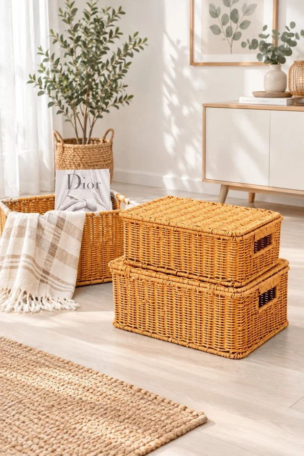 Rattan 3'Lü Çok Amaçlı Hasır Düzenleyici/Organizer/Sepet/Banyo Düzenleyici