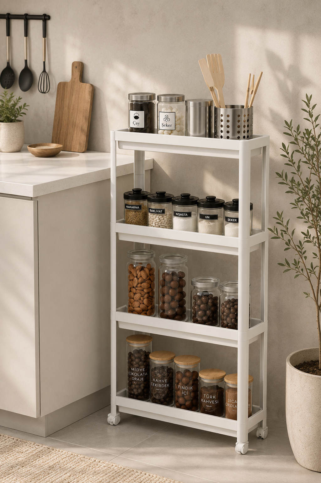 4 Katlı Beyaz Raf Ünitesi Beyaz Banyo Mutfak Düzenleyici Organizer Raf