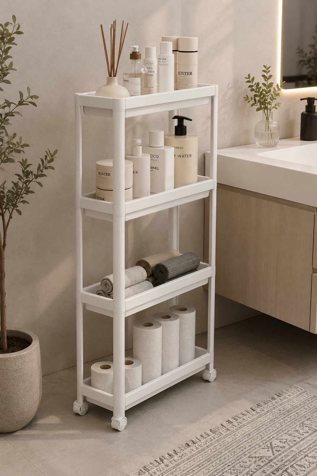 4 Katlı Beyaz Raf Ünitesi Beyaz Banyo Mutfak Düzenleyici Organizer Raf