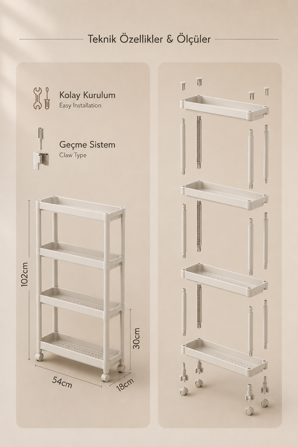 4 Katlı Gri Raf Ünitesi Beyaz Banyo Mutfak Düzenleyici Organizer Raf