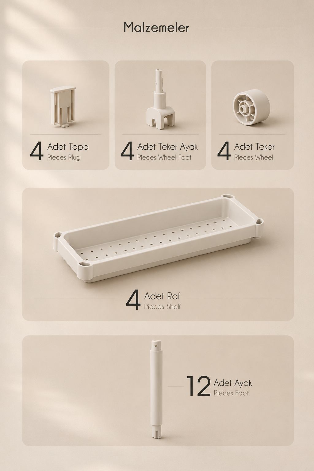 4 Katlı Gri Raf Ünitesi Beyaz Banyo Mutfak Düzenleyici Organizer Raf