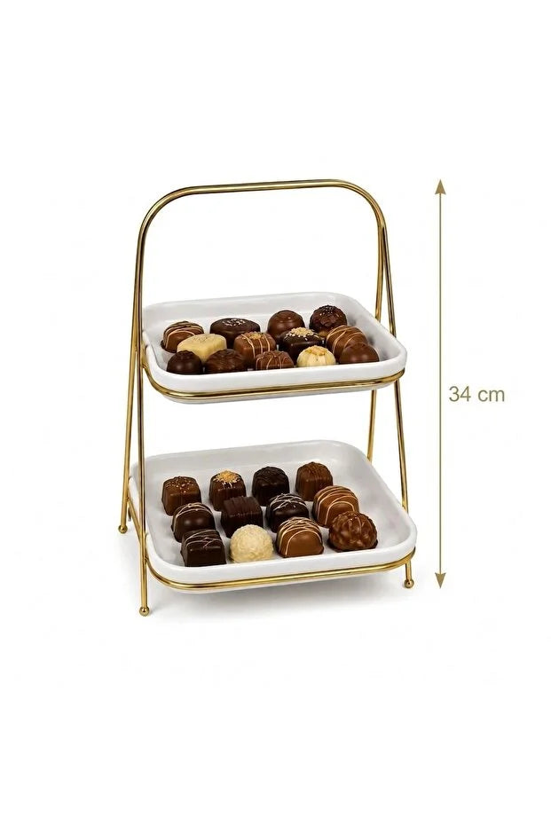 2 Katlı Gold Lüks Sunumluk Çikolata Ve Lokumluk Tabaklı Metal Set