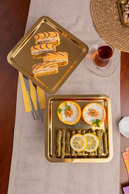 Lüx 2'Lİ Kare Gold Ayaklı Kek, Pasta, kurabiye,Tatlı, İkramlık, Çeyizlik Sunum Servis Standı