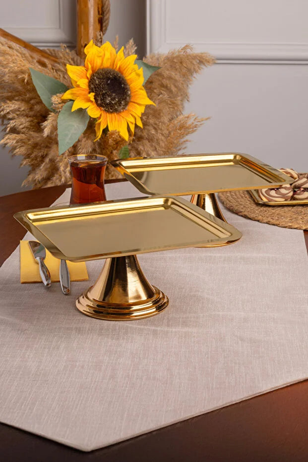 Lüx 2'Lİ Kare Gold Ayaklı Kek, Pasta, kurabiye,Tatlı, İkramlık, Çeyizlik Sunum Servis Standı